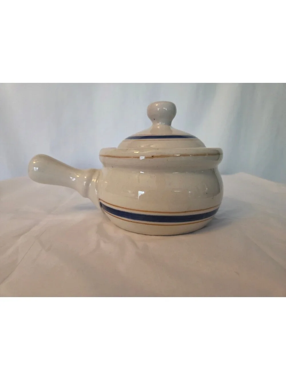 Vintage Ceramic Saucepan with Lid and Handle, Cream and Blue Stripes